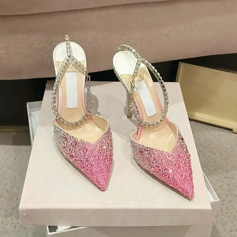 2025 Nuevos tacones súper altos degradados europeos y americanos, zapatos individuales para banquetes y discotecas, sandalias de rinelette para mujer