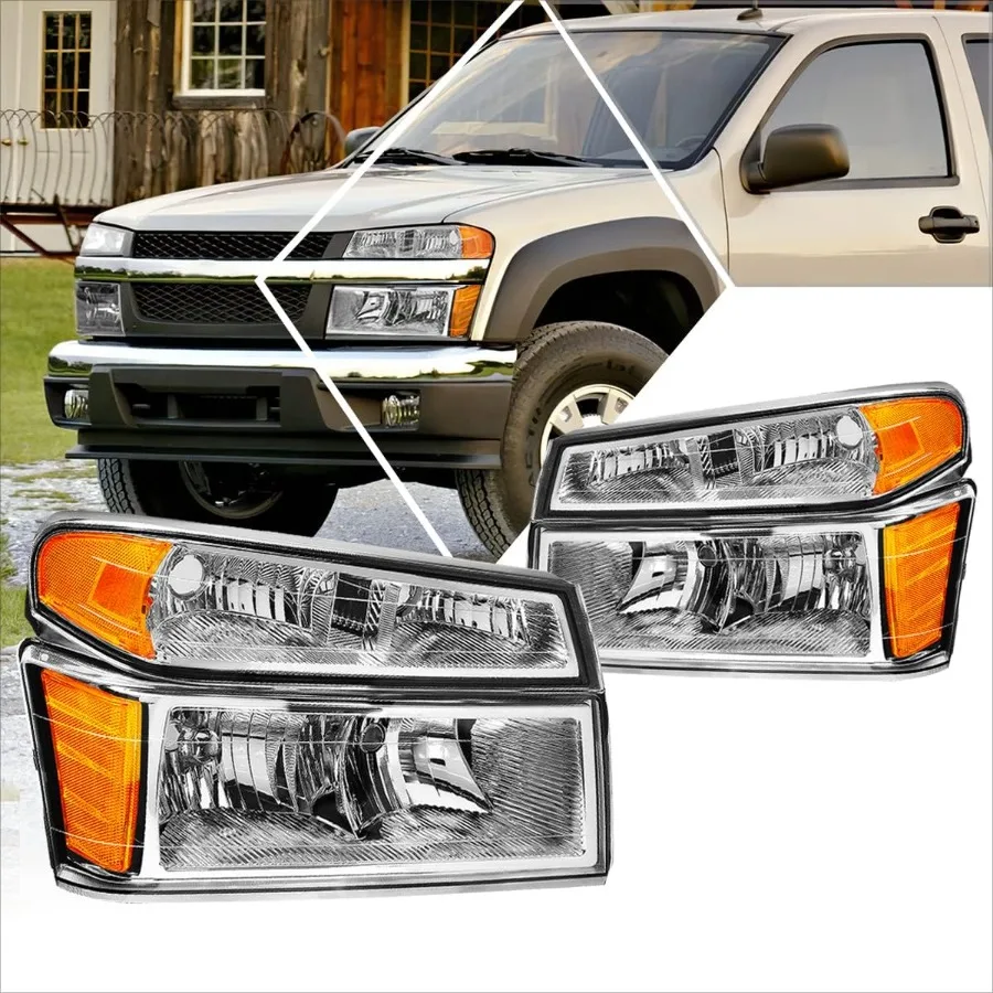 

4 шт. фары + бампер в сборе, совместимые с 0412 Chevy Colorado GMC Canyon Isuzu iSeriesХромированный корпус Янтарный угол