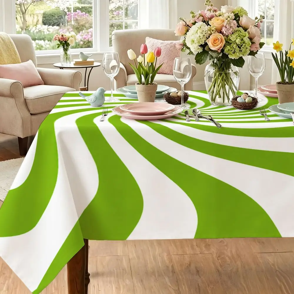 Modern Lime Green & White Spiral Tablecloth - Bold Swirl Rectangular/Dining Table Cover, Durable Fabric Suitable for Kitchen, Party, Holiday Decor, Contemporary Indoor Table Setting with Lime Green Pattern Design