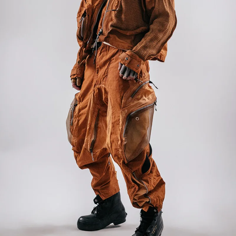 HKSH Spring Autumn Men Tide Dark Punk Three-Dimensional Cut Waste Land Zipper Safari Style Pocket Adjustable Cargo Pants HK26120