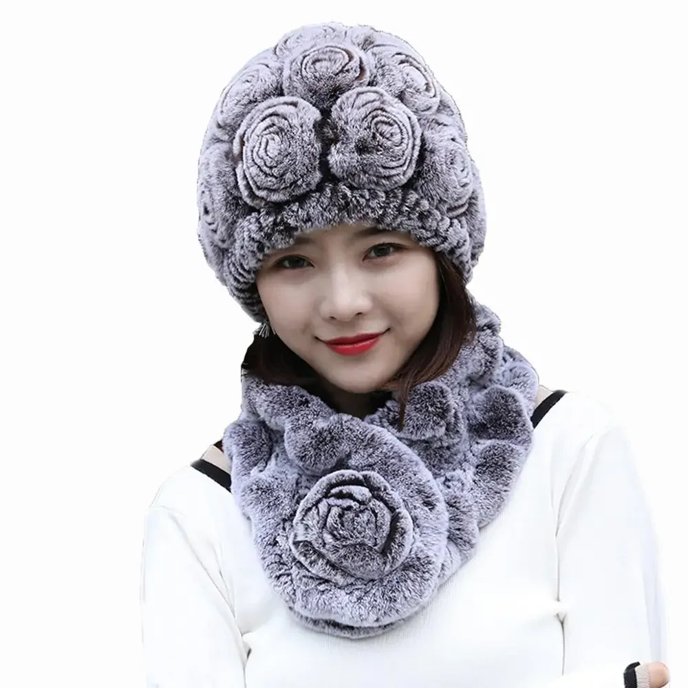 Women's Winter Fur Scarf Hats Sets Real Rex Rabbit Fur Rose Cap Fluffy Soft Neckerchief