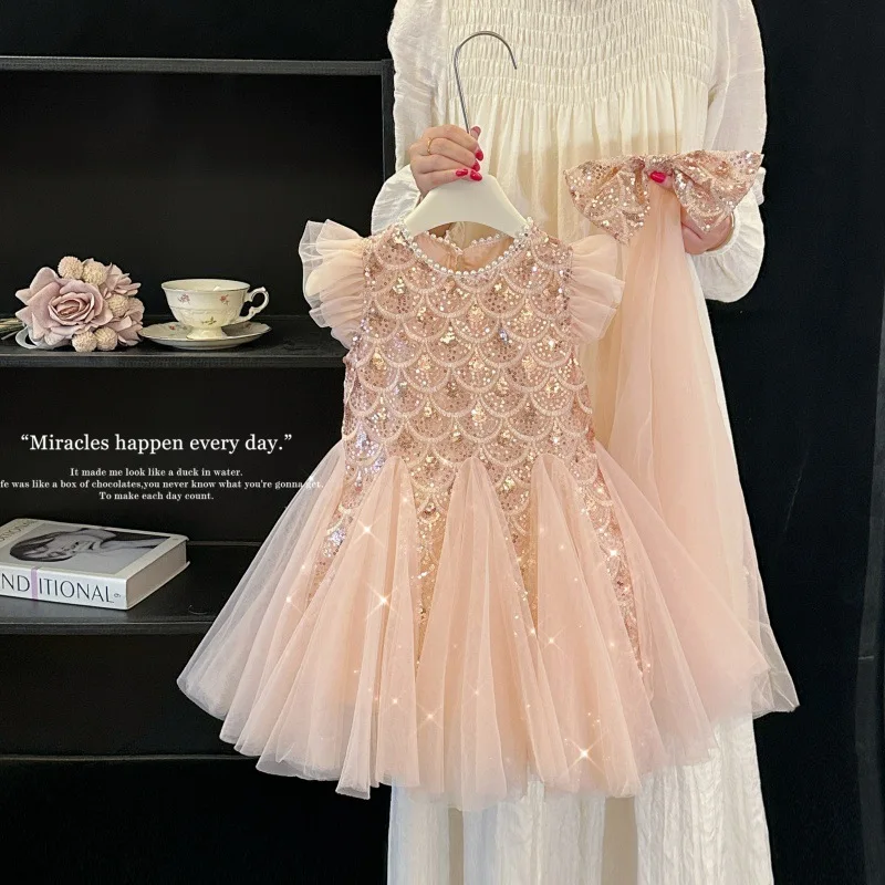 New Summer Kids Girl Party Dresses Young Children Elegant Mesh Flare Sleeves Sequined Tank Top Round Collar Princess Skirt