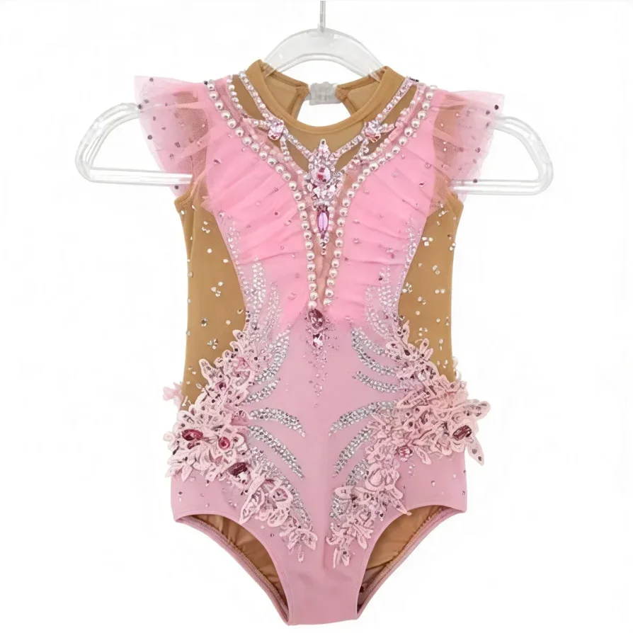 Turnanzug für Mädchen und Kinder, Wettkampf- und Auftrittskleidung, Rhythmische Gymnastik, Ballett, Tanzbekleidung, Sportoutfit, Rosa – Detail 3