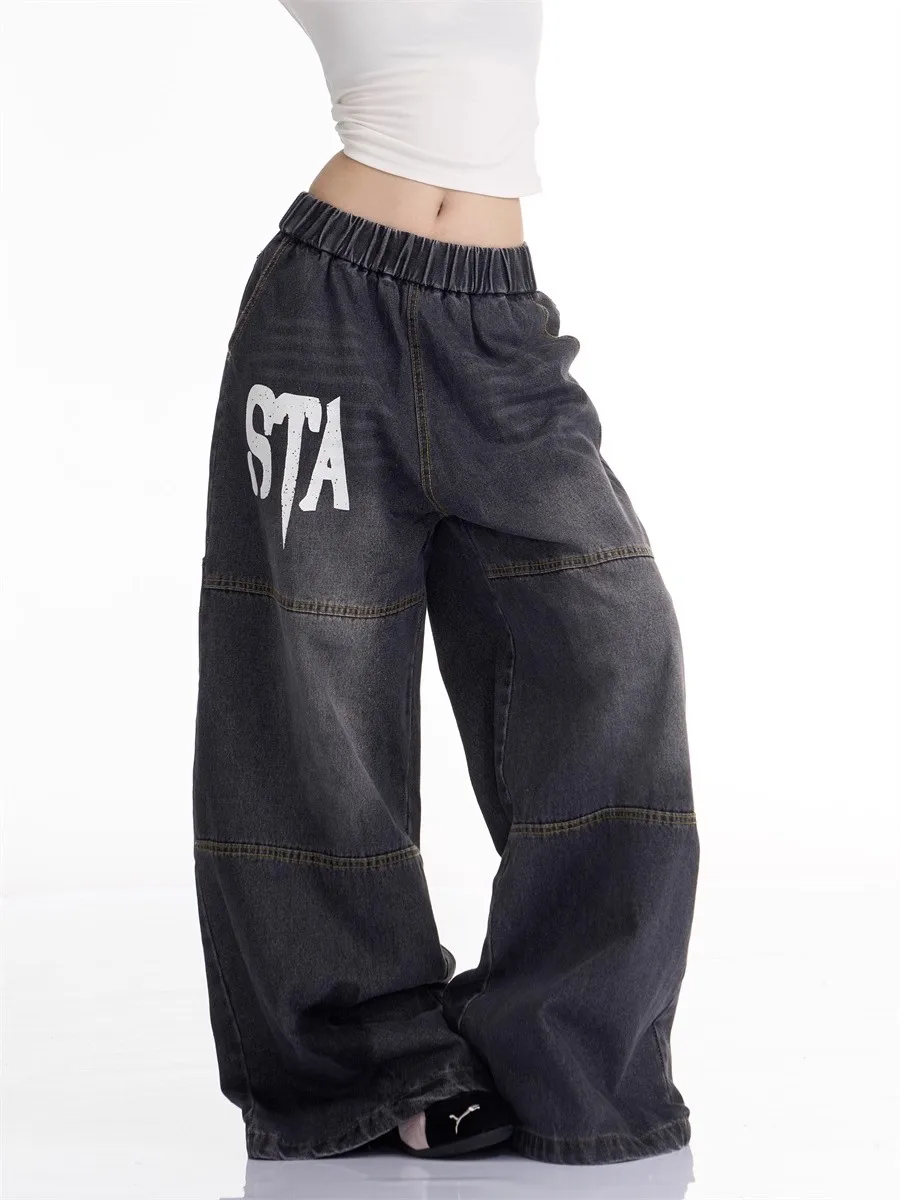 

Retro American Waed Letter Print Jeans Loose Casual Wide Leg Pants for Men And Women High Street Sle Four Seasons Wear