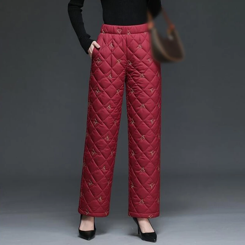 

M-3Xl High Waist Embroidered Casual Straight Leg Cotton Down Pants Women's Thick Warm Winter Mom Jeans Outerwear
