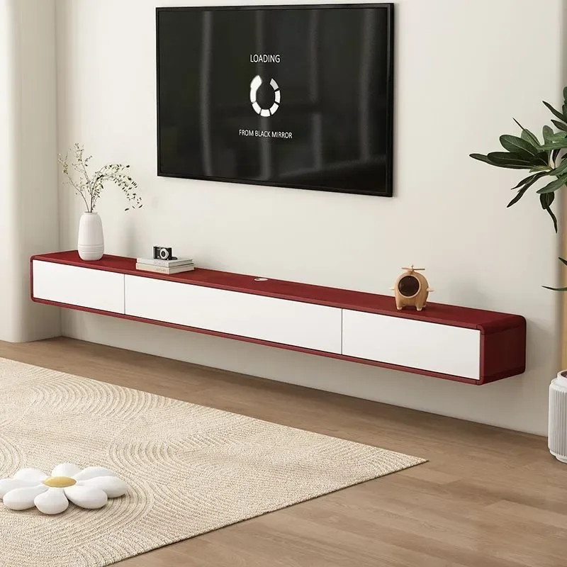 Nordic Solid Wood Wall Mounted TV Cabinet Ultra Thin Floating Media Console for Living Room Bedroom Minimalist Design