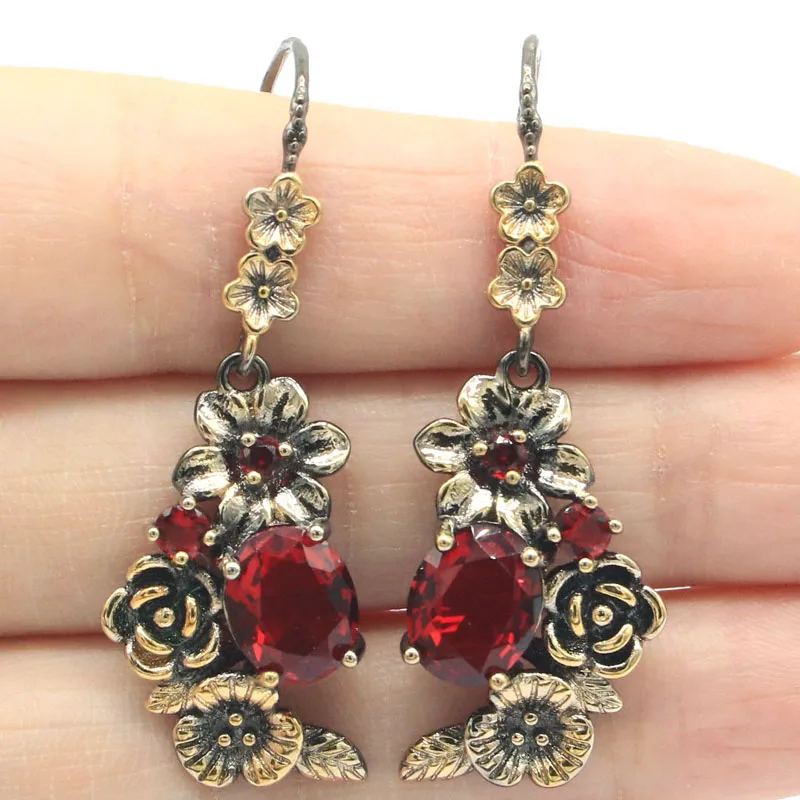 Buy 4 Get 1 Free 45x16mm Vintage Style Red Blood Ruby London Blue Topaz Females Gift Black Gold Silver Earrings