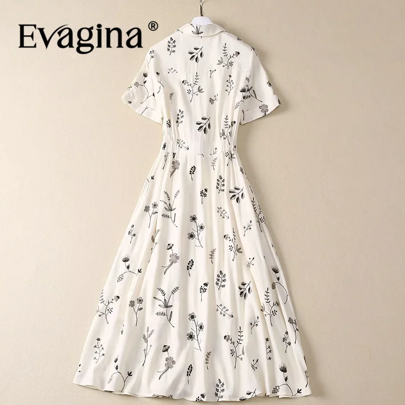 Evagina Summer Women's Dress Turn-Down Collar Short-Sleeved Single-Breasted Lace-Up Linen Embroidered Vintage Elegant Dresses