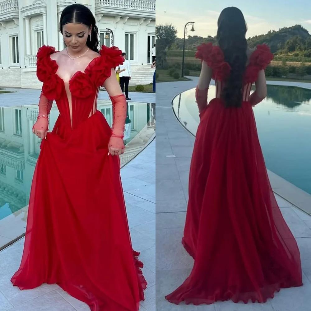 

Customized High Quality Classic Chiffon Handmade Flower Pleat A-line Off-the-shoulder Long Dresses Bespoke Occasion Dresses