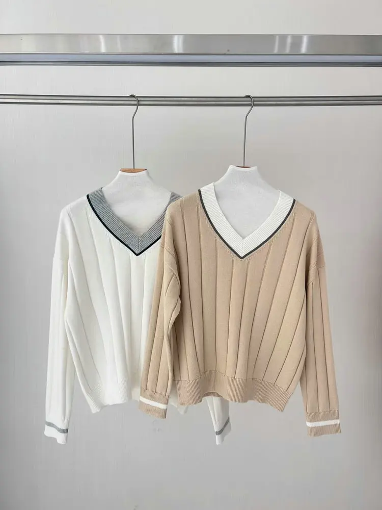 Suéter de punto de algodón nuevo de otoño e invierno para mujer suéter con cuello en V de Color contrastante