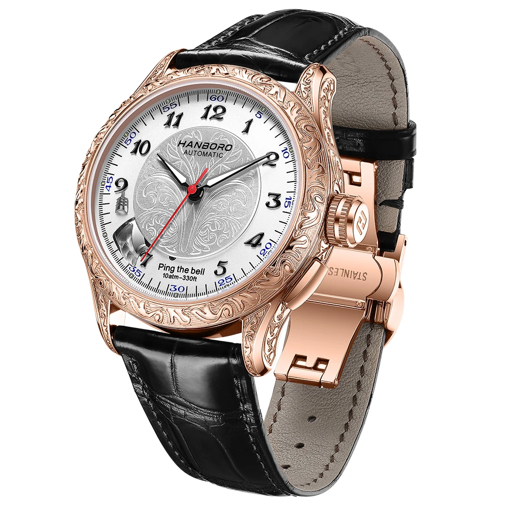 HANBORO Men Automatic Watch 42mm Alarm Mechanical Wristwatch 100M Waterproof Sapphire Luminous Carved Case & Back Miyota 9015 