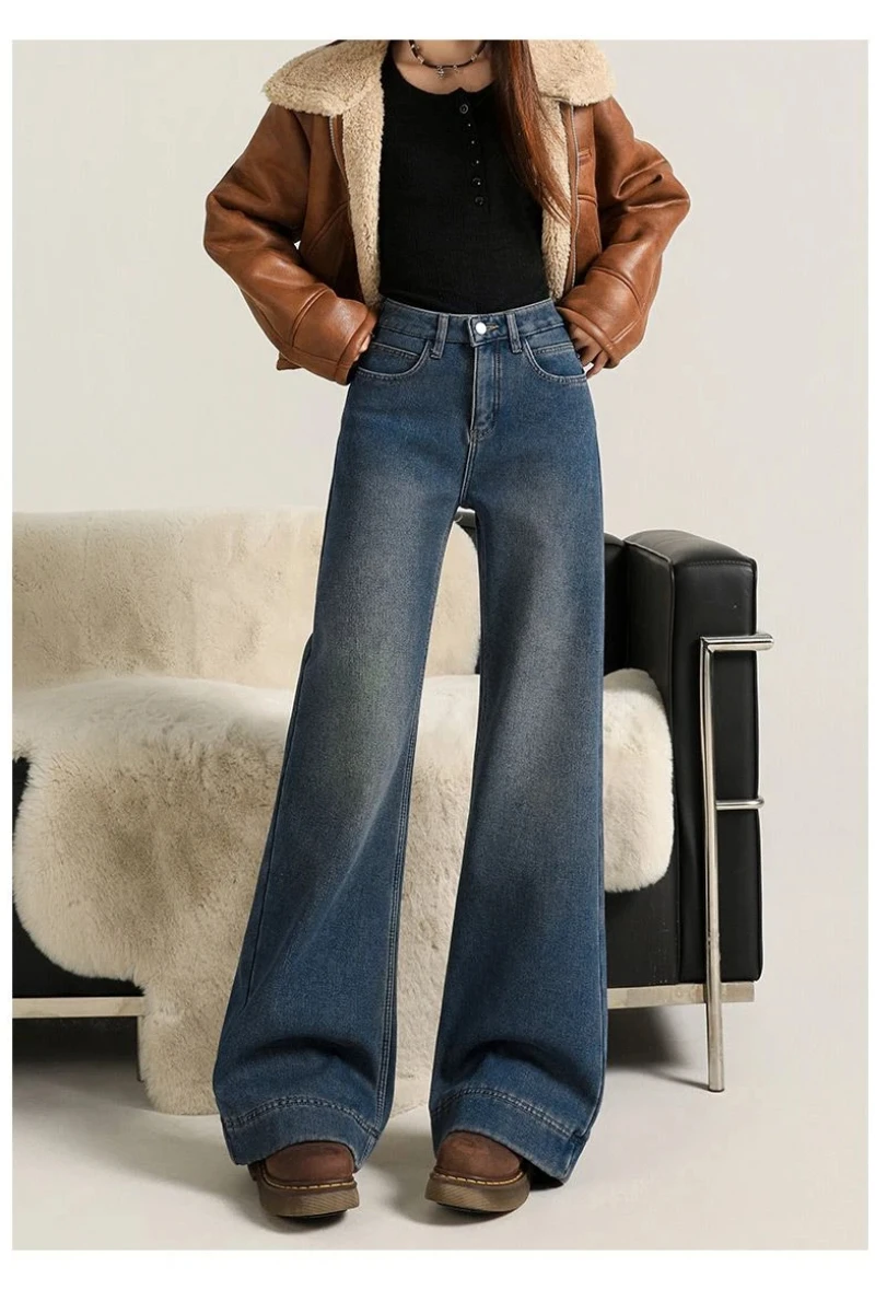 Y2K デニムパンツ 女性用 フレア ルーズ ワイドレッグ ストレッチ フリース裏地 レトロ カジュアル パンツ ファッション フィット感なし 多用途