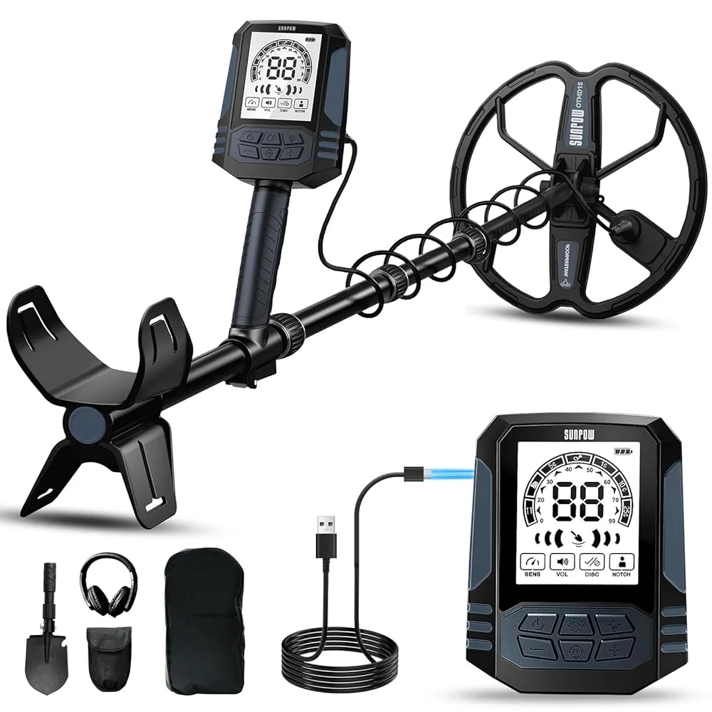 SUNPOW Premium Rechargeable Metal Detector Kit, 28cm DD IP68 Coil 25cm Depth, 2500mAh Battery 35H Runtime 4 Modes Backlit LCD, Shovel Headphones Backpack for Gold Prospecting