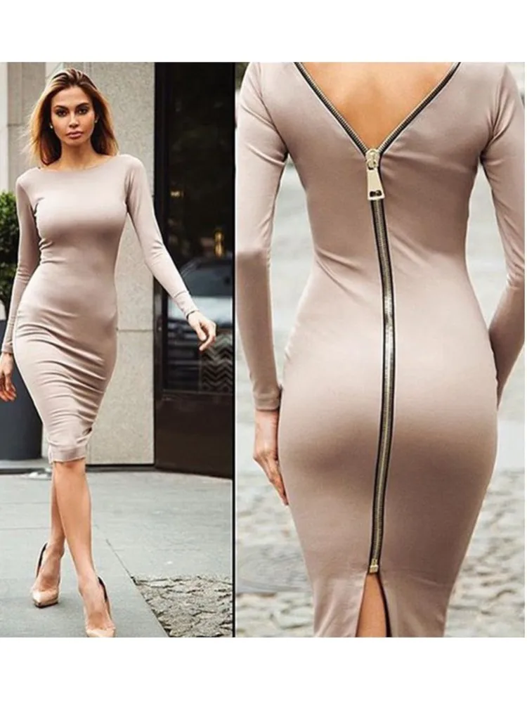 

Autumn Women's Elegant Dress Fashion Solid Color Backless Zipper Long Sleeved Dress Casual O-neck Female Sexy Pencil Dresses