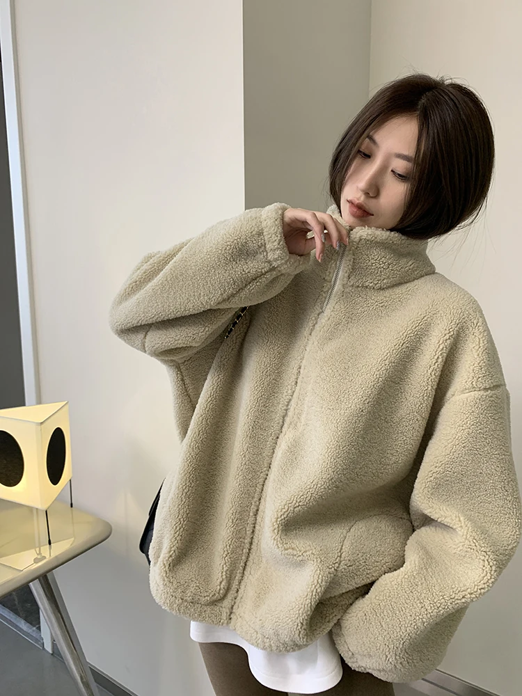 2024 New Women Retro Loose Plush Zipper Coat Korean Fashion High Quality Turtleneck Lantern Sleeve Winter Thickening Warm Coats