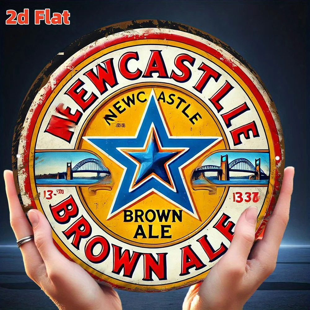 2D Flat, Flat Retro Newcastle Brown Ale Beer Logo - 20x20cm Aluminum Wall Art, Round Decorative Plaque with Star Emblem