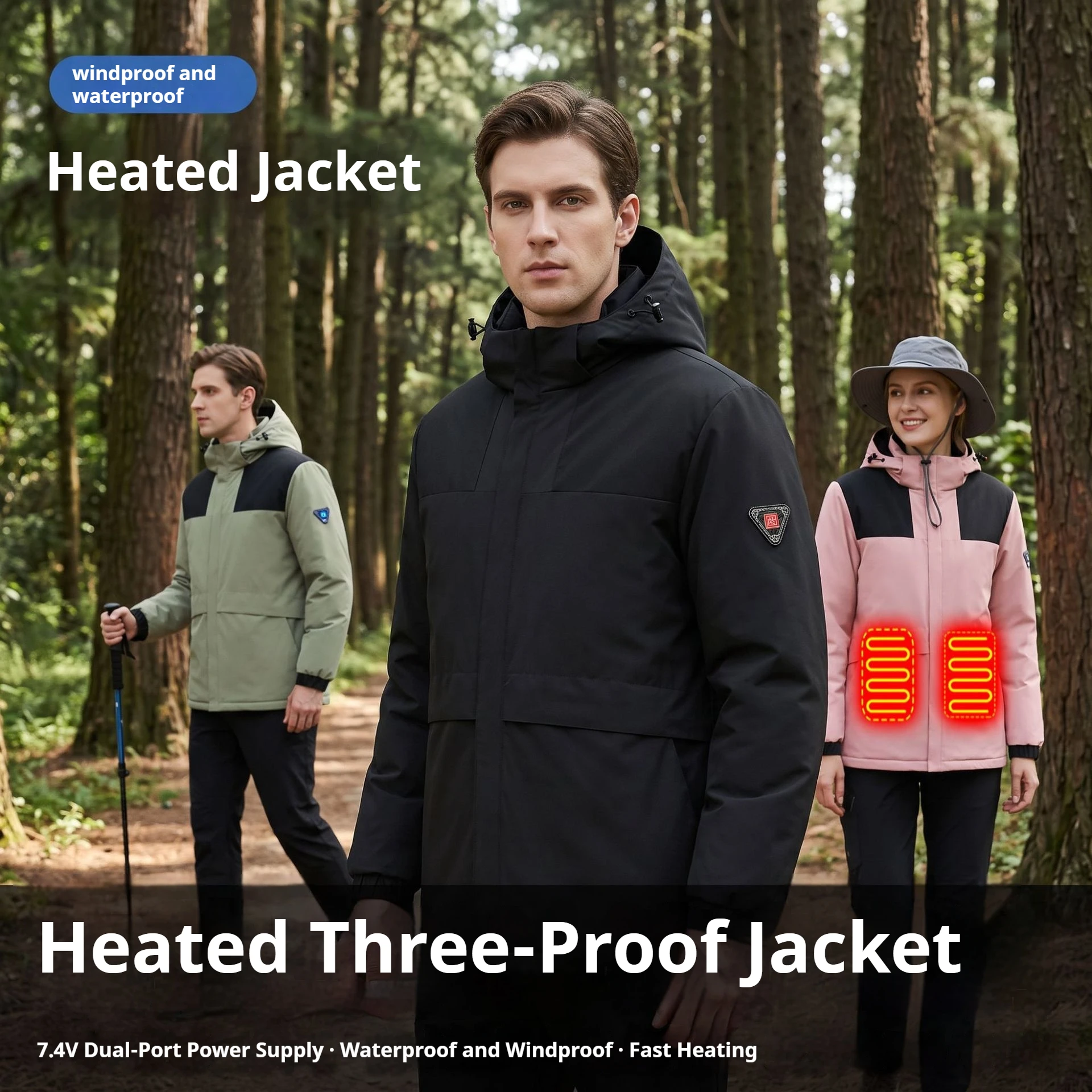 Unisex Heated Jacket Winter Hooded Waterproof Heating Coat 3 Temp Control Outdoor Ski Camping Thermal Jacket,No Battery