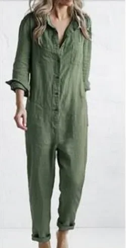 Women Jumpsuits Long Sleeve Single Breasted Button Turn Down Collar Solid Pencil Pants High Street Loose Casual Pockets