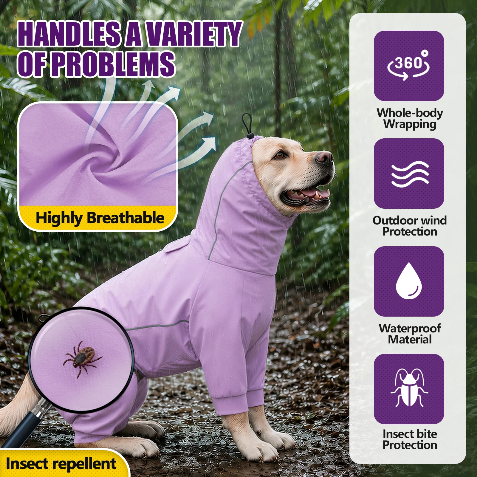 Hunde-Schutzanzug gegen Zecken & Fuchsschwanzmilben, Ganzkörper-Overall mit Vier Beinabschnitten, Atmungsaktiver Schnelltrocknender Stretch-Stoff, Wasserabweisend – Detail 5