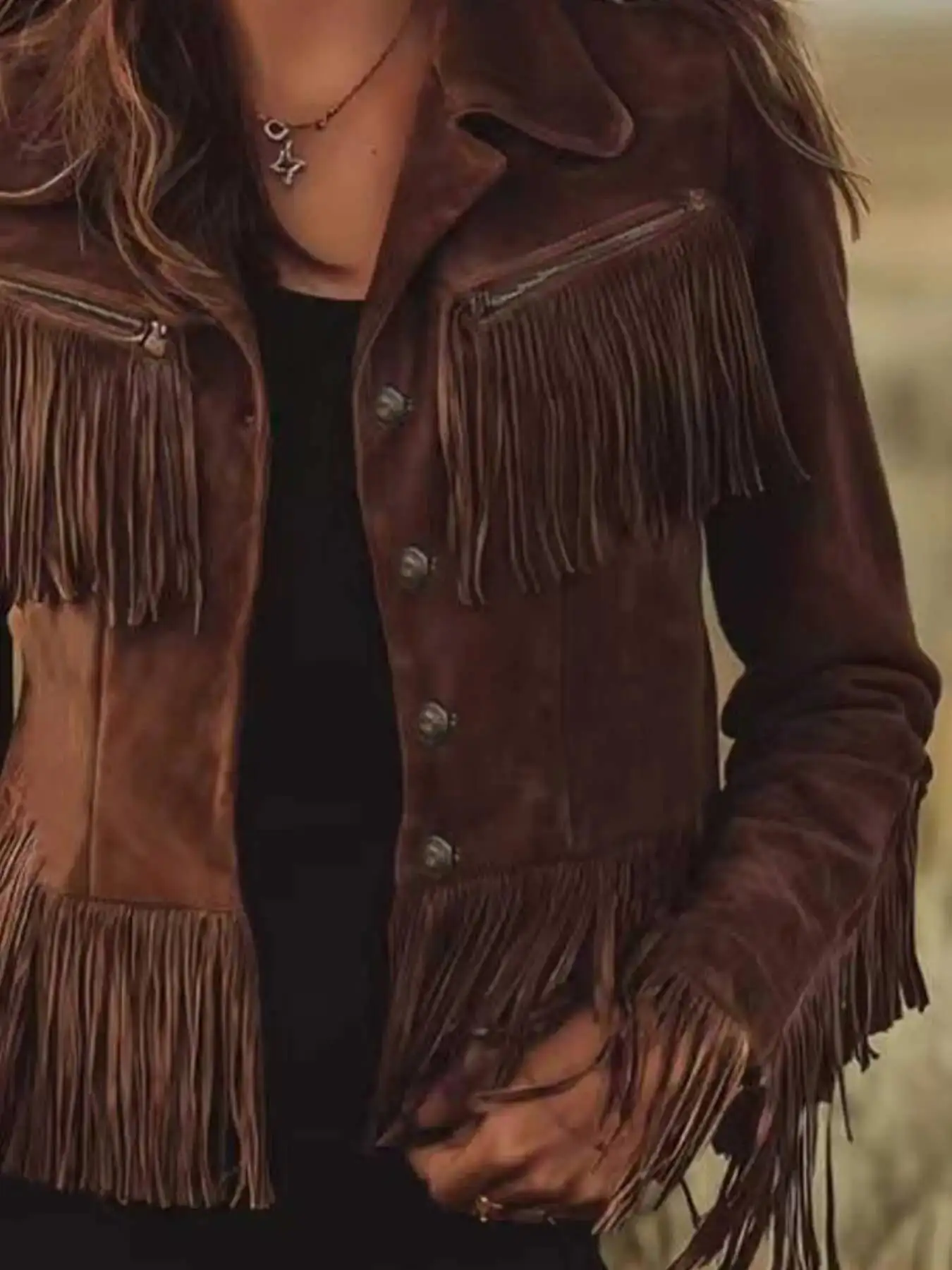 Dark Brown Faux-Leather Fringed Short Jacket Turned-Up Collar And Multiple Pockets, Rugged Workwear-Style Coat With A W