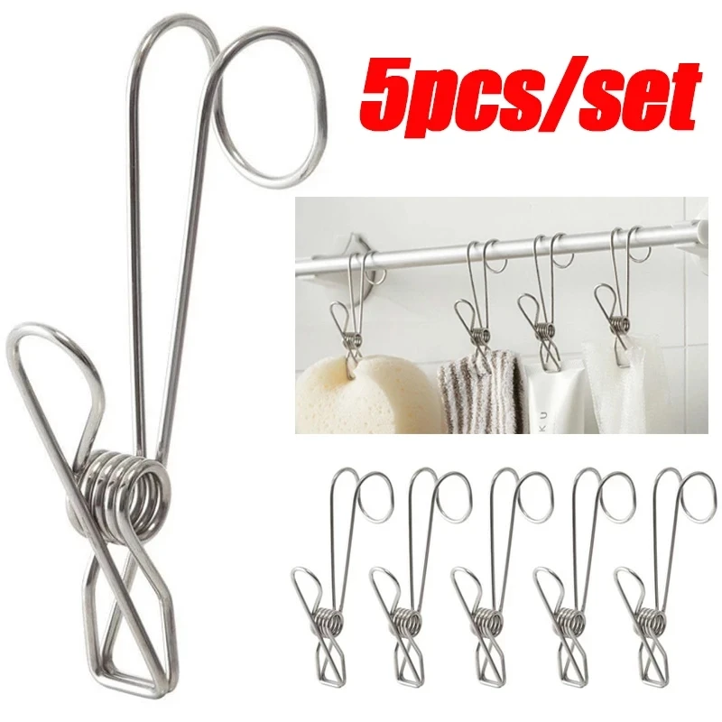 5pcs Stainless Steel Clothes Pegs Bathroom Towel Clip Multipurpose Laundry Clothes Socks Pegs Kitchen Organizer Hook Clothespin