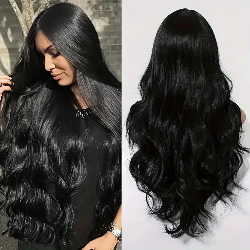 Lolita Black Wig for Women Long Wavy Hair 32inch Curly Wig with Bangs Cosplay Headband Wigs Synthetic Wigs for Daily Use
