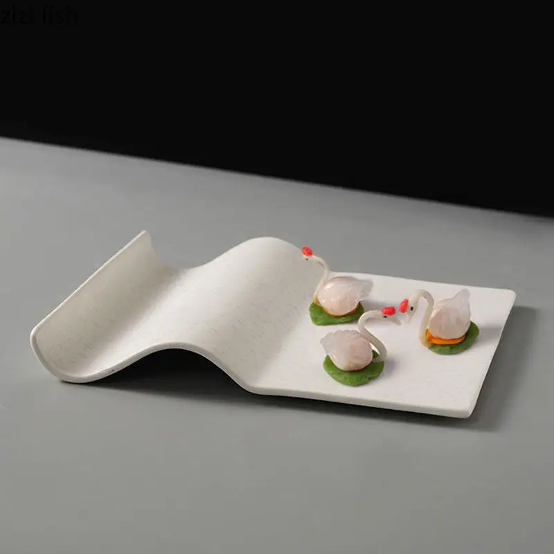 White Bent Rectangular Plate Spray White Dot Ceramic Dessert Cake Plate Dim Sum Sushi Plate Pasta Dish Restaurant Tableware