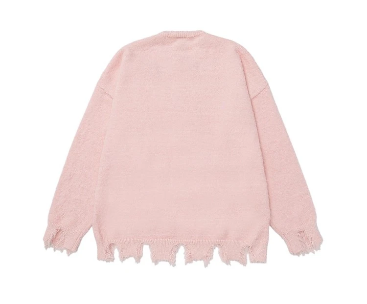 American Style Men's Kitten Jacquard Scarf Decorated Round Neck Black Sweater Couple Style Pink Loose Casual Knitted Top