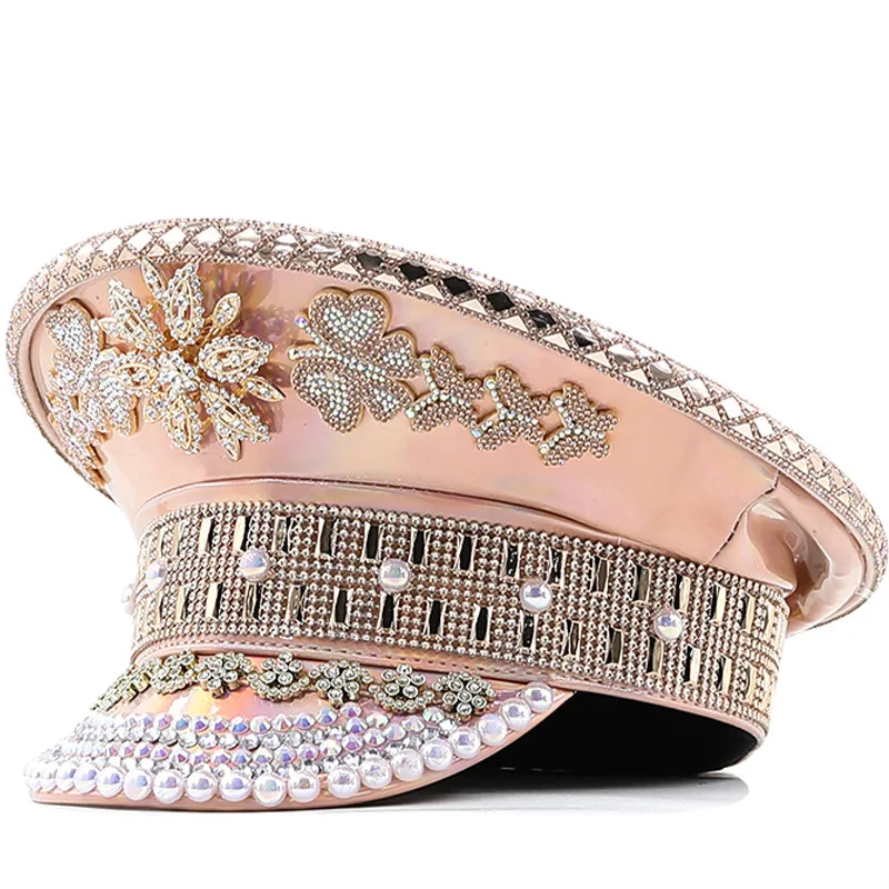 

Peaked Cap Party Carnival Flat Hat Performance Hat Ladies Wedding Champagne Gold Leather Diamond Photography Hat