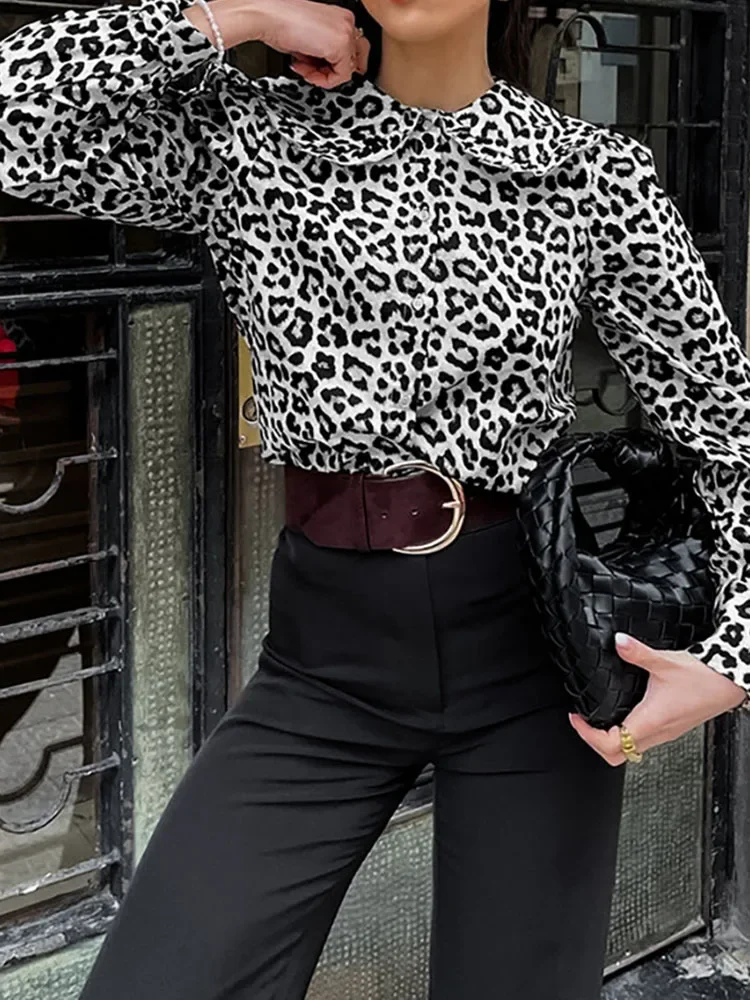 Fashion Leopard Print Shirt Top Women's Summer Lapel Long Sleeve Stitching Button Slim Casual Women's Cardigan Top Shirt