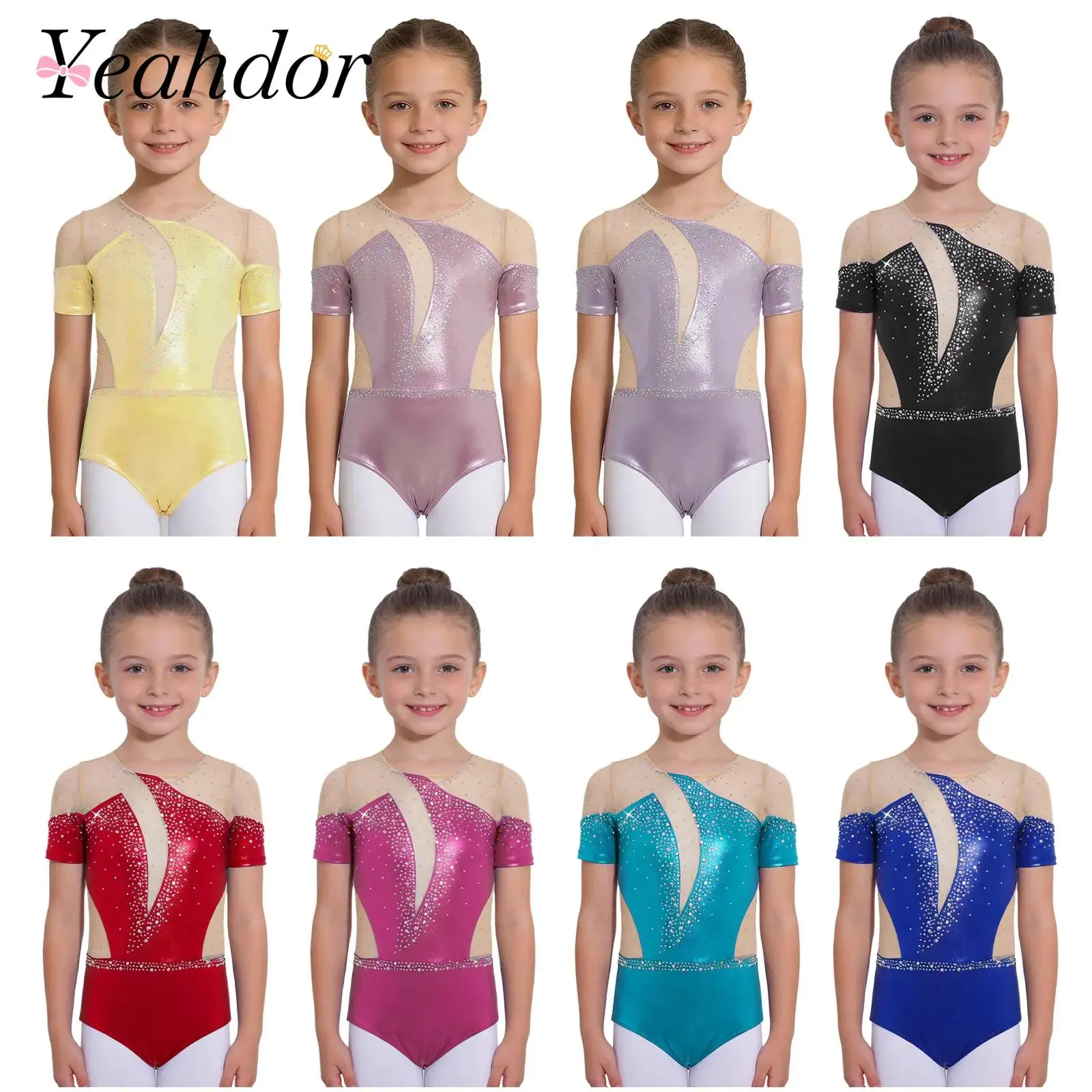 

Kids Girls Figure Skating Dance Leotard Body Suits Sheer Mesh Jumpsuit Shiny Rhinestones Metallic Gymnastic Bodysuit Dancewear