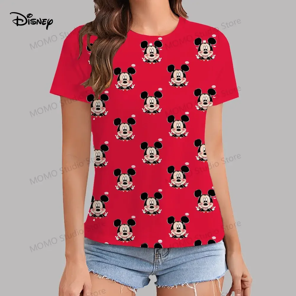 Camiseta de Mickey Mouse de Disney 100-6XL para niñas, ropa de moda urbana de manga corta de verano para mujeres con cuello redondo Kawaii 2024, familia Y2k