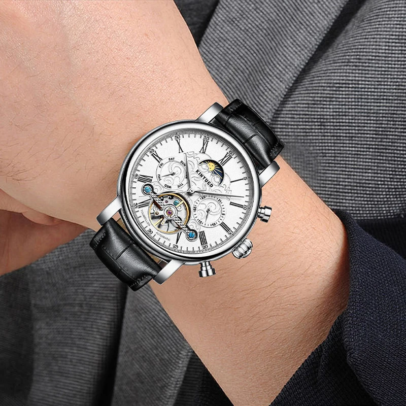 KINYUED marchio di lusso Tourbillon orologio da uomo cinturino in pelle moda business orologi meccanici automatici per uomo orologio impermeabile