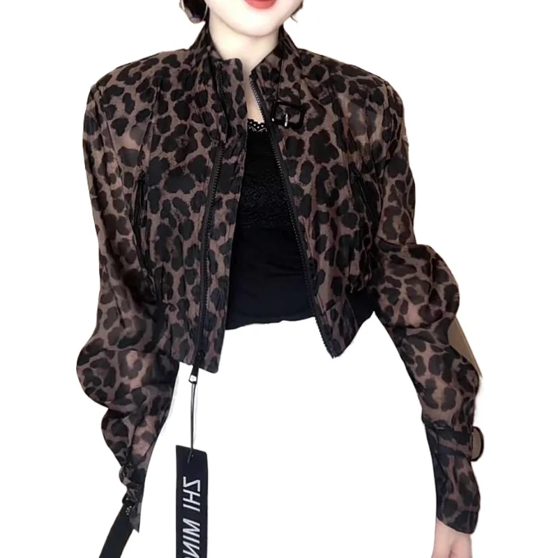 Sunscreen Jacket Autumn Unique Stand-up Collar Leopard Print High-end Thin Temperament Top Women's New Fashion Korean Version