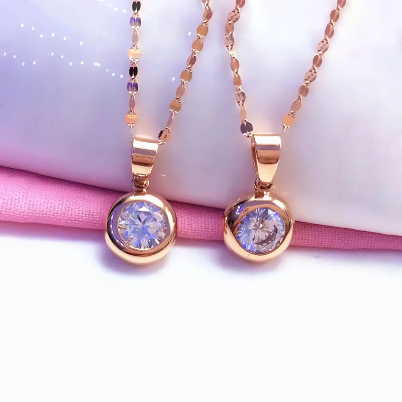 585 Purple Gold Shining Gemstone Round Pendant Plated 14K Rose Gold glossy Simple necklaces chain collar Banquet jewellery women