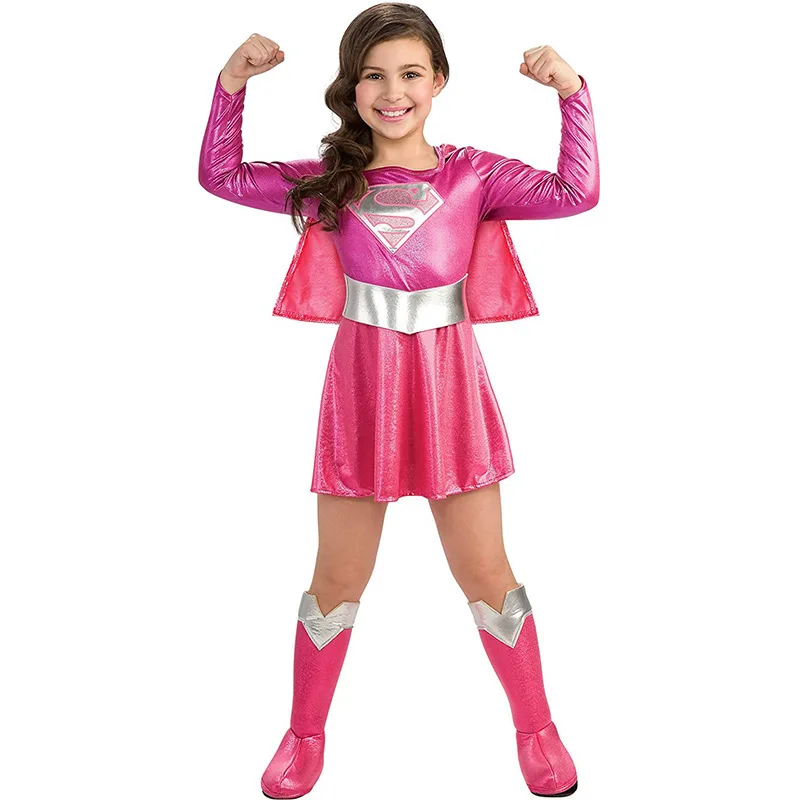 children hot pink suman girl dress,halloween cosplay party super hero suman costume with cape,boots,belt