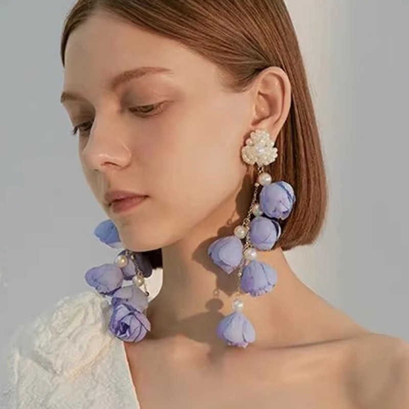 

Fashionable flowers exaggerated long tassel earrings temperament vacation style beach travel jewelry