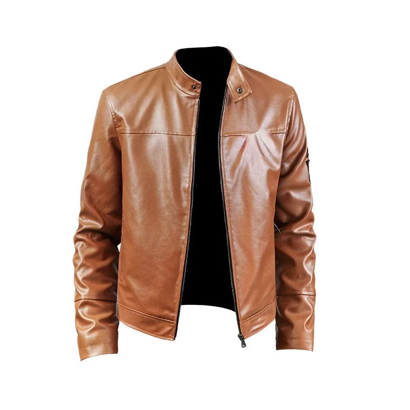 Mens Leather Stand Collar Trend Spring and Autumn New Leather Jacket Handsome Biker Suit Youth Plus-size Coat for Men