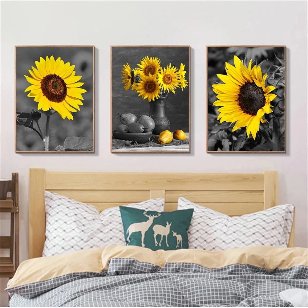 Nordic modern abstract triptych black and white sunflower decoration living room bedroom canvas painting