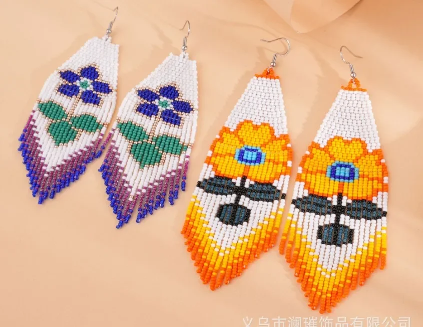 Rice Bead Earrings  Hand weaving  Beaded  Twining  Bright color  Retro  Bohemia  geometry  alloy  ma'am  Tassel Earrings