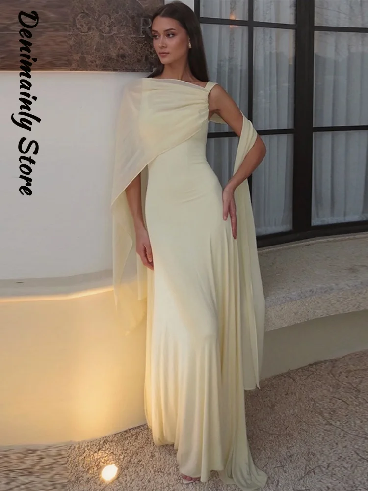 Luz amarela sem mangas maxi vestido feminino 2026 pescoço quadrado malha recorte um ombro cachecol formal festa de noite elegante baile de formatura robe