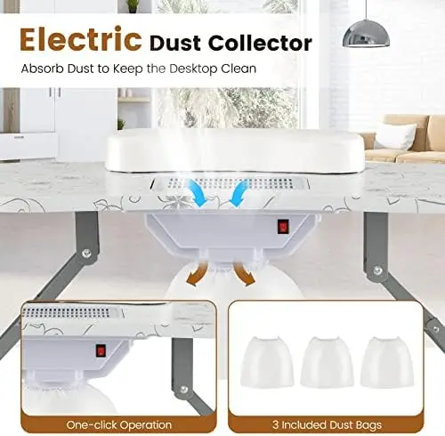 Nail Table for Nail Tech, Portable Manicure Table with Electric Dust Collector, USB-Plug LED Lamp, Wrist Rest, 4