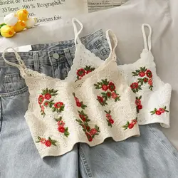 Beach Elastic Hot Tops Slim Floral Sleeveless Thin Vest Top Bohemia Style Embroidery Vest Female Crochet Camisole