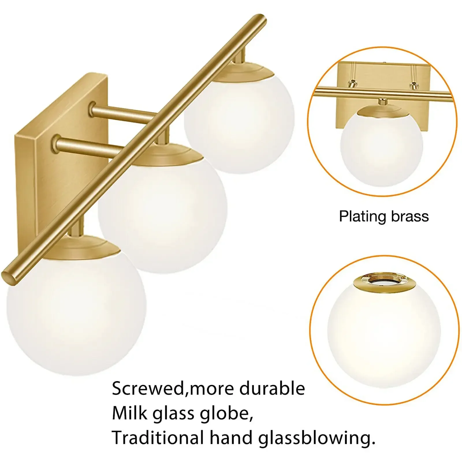 Lámpara de pared rústica dorada para tocador de baño, accesorio estilo granja blanco leche para espacio de baño