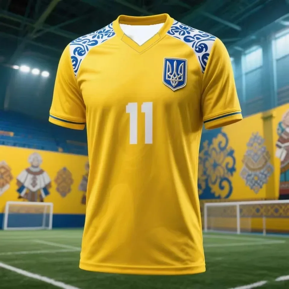Fußballtrikots mit dem ukrainischen Dreizack-Logo im blau-gelben Flaggen-Design für die ganze Familie. – Detail 5