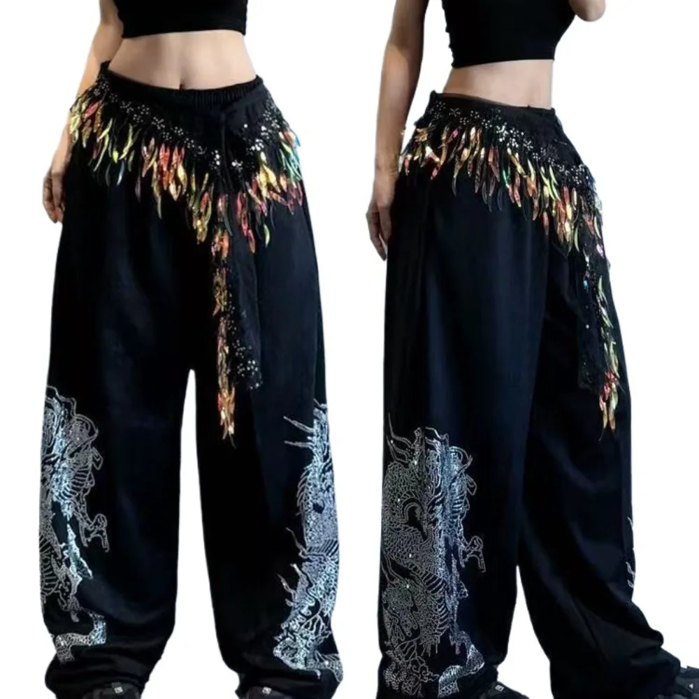 ผ้าคาดเอวเต้นรำแบบมีพู่ห้อย สำหรับเต้นสตรีทแดนซ์ ฮิปฮอป ใช้ได้หลากหลาย พร้อมตกแต่งด้วยคริสตัลวิบวับ