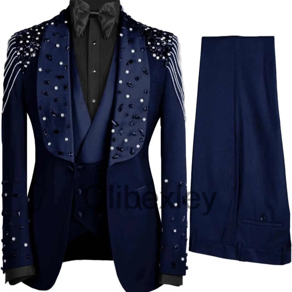 Olibexley 2027 Navy Blue Crystals Beading Men Suits High-end Groom Wedding Tuxedos 3 PCS Sets Male Prom Blazers Customized S436