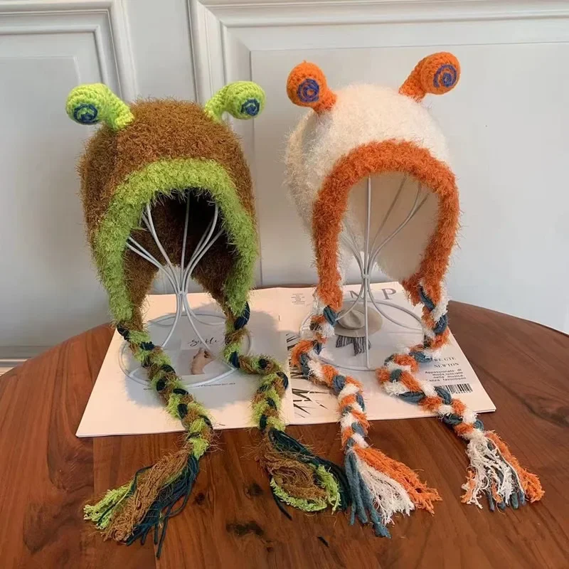 

Модная причудливая шерстяная шапка ручной работы с милыми улитками и плюшевыми ушками, женская зимняя теплая защитная шапка для ушей, осень и зима