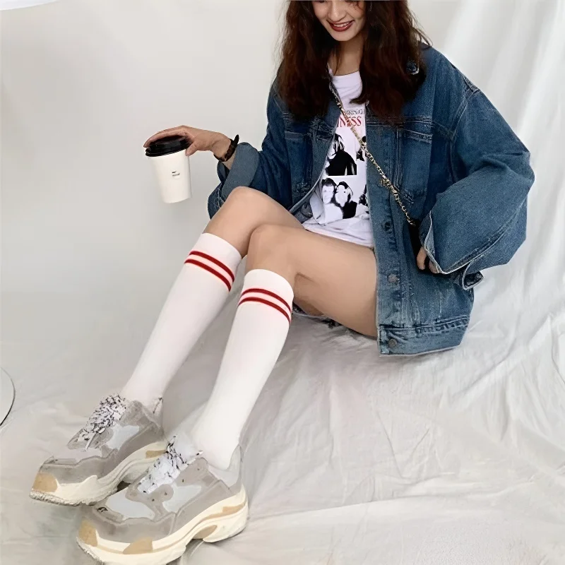 Cute Japanese JK Striped Long Socks Women Girls Cotton Knee High Stockings Solid Color Long Tube Socks