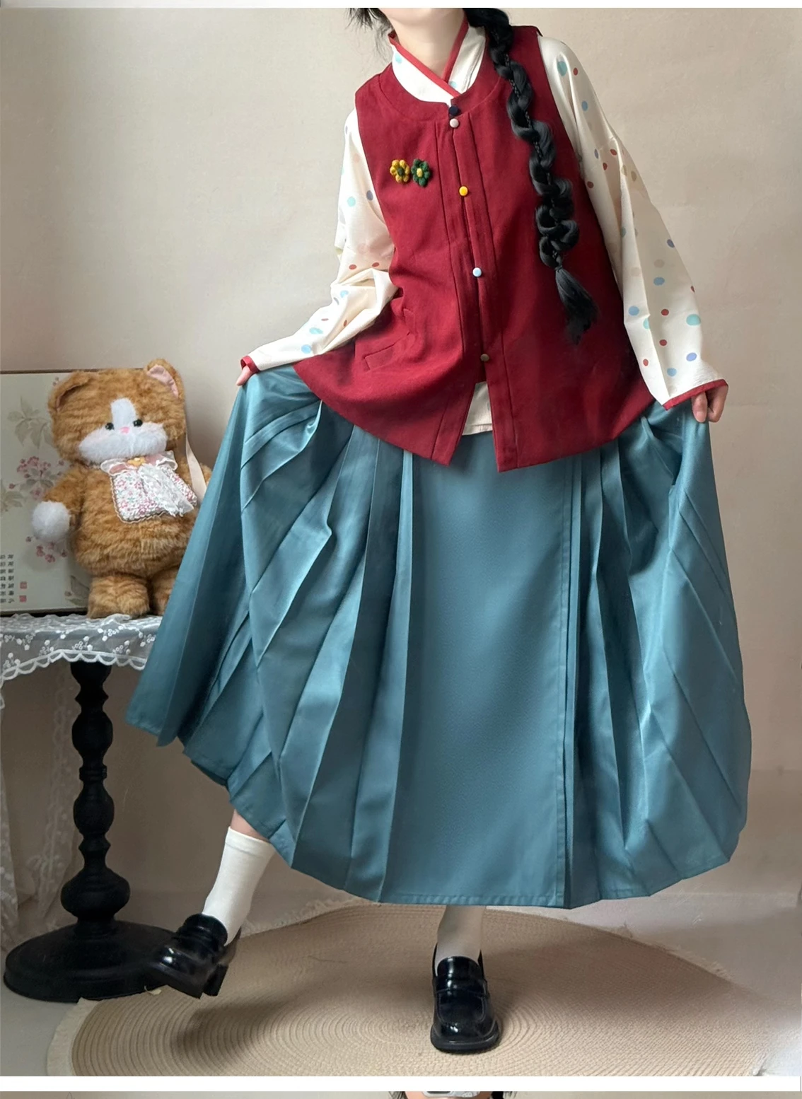 

Original Chinese Style Hanfu Suit Sweet Cute Pocket Dots Printed Top Pleated Skirt Daily Versatile Autumn Winter Womens Clothing